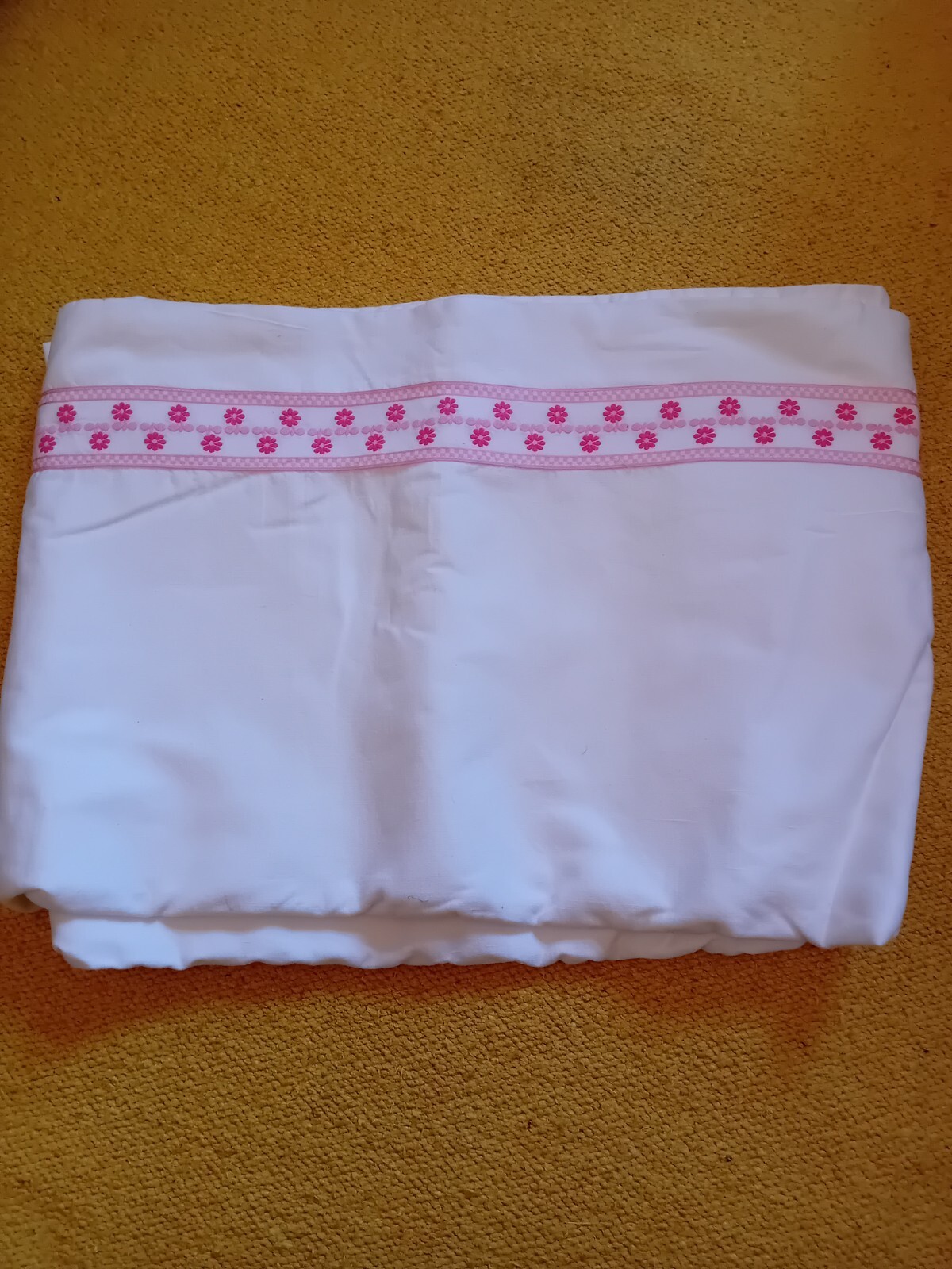 VERY LARGE VINTAGE FRENCH METIS SHEET WITH EMBROIDERED PINK TOP BORDER