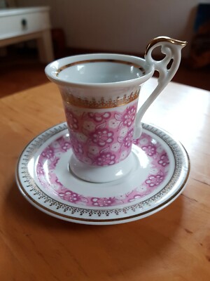 Mocca-Tasse Porzellan roséfarbenes Muster mit Goldrand SEP  W 8  Made in GDR