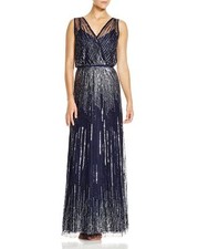 Adrianna Papell  Navy Beaded Illusion Mesh Blouson Formal Gown 4 NEW 370
