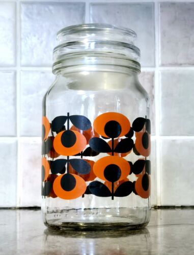 Vintage Orla Keily/Doewe Egberts szklany słoik do przechowywania z pomarańczowymi kwiatami. W bardzo dobrym stanie! - Zdjęcie 1 z 9