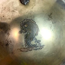 Antique Silverplate Silent Butler Crumb Pan w/ Wooden Handle & Engraved Fish