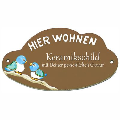 Keramik Schild 17,5 x 10 cm mit Gravur personalisiert - Zwei Vögel + Hier Wohnen