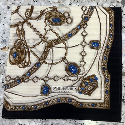 ART VTG GOLD BRONZE JEWEL BLUE CHAIN HANKY WOMAN POCKET SQUARE COTTON 18'' #W102