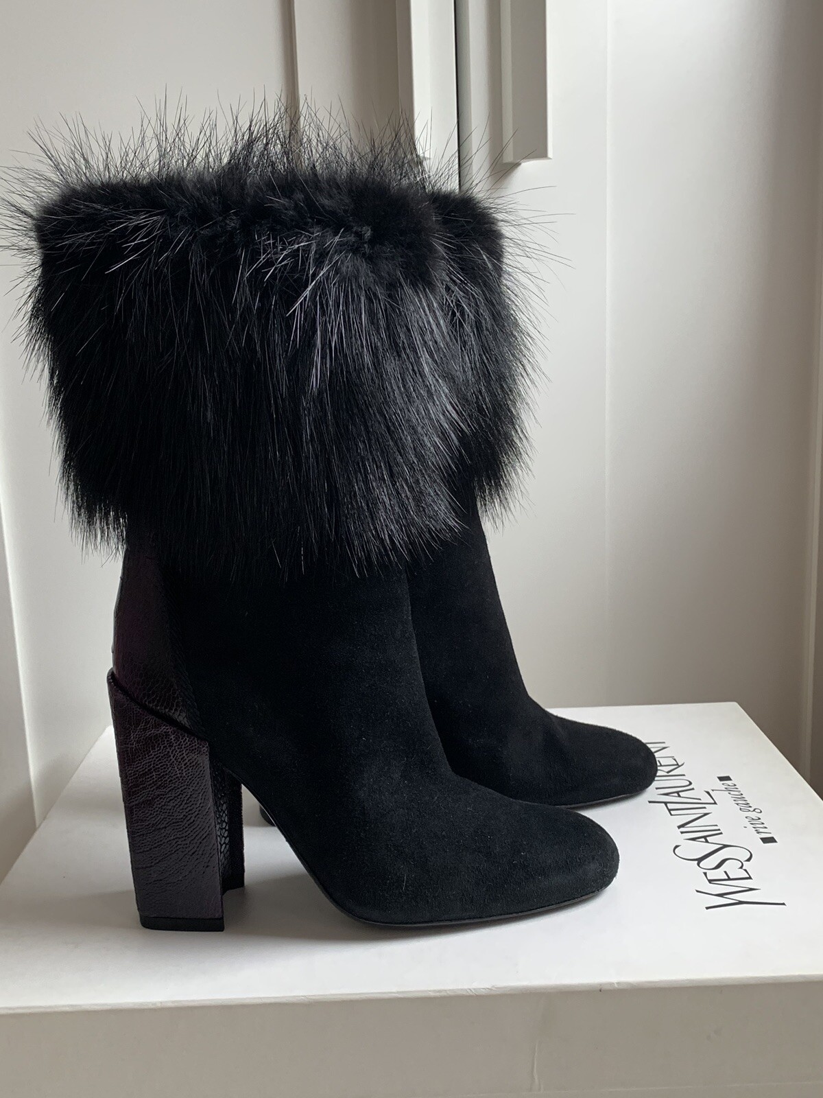 STIVALI YVES SAINT LAURENT DONNA PELLE SCAMOSCIATA MAUVE NERI CON FINITURE IN PELLICCIA DI CASTORO EU35