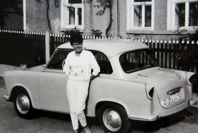 Vintage German Trabant P50 Micro Car Photo Sedan Pretty Woman Posing 1950-60s