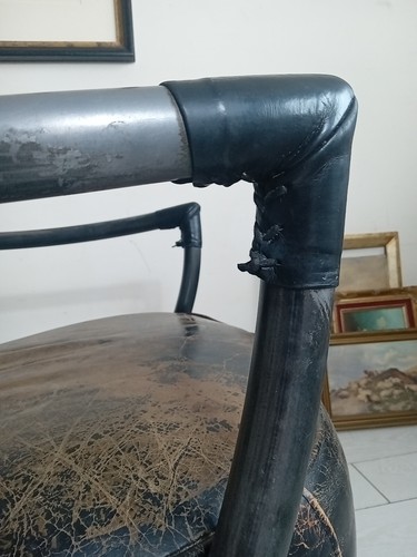Leather Armchair steel Arms Frame Black Distressed Leather Bun Feet Stunning - Picture 5 of 24