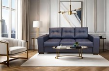 Echtleder 3 er Sofa Gesteppt Ledersofa Ledercouch Blaues Long-Life Leder Couch