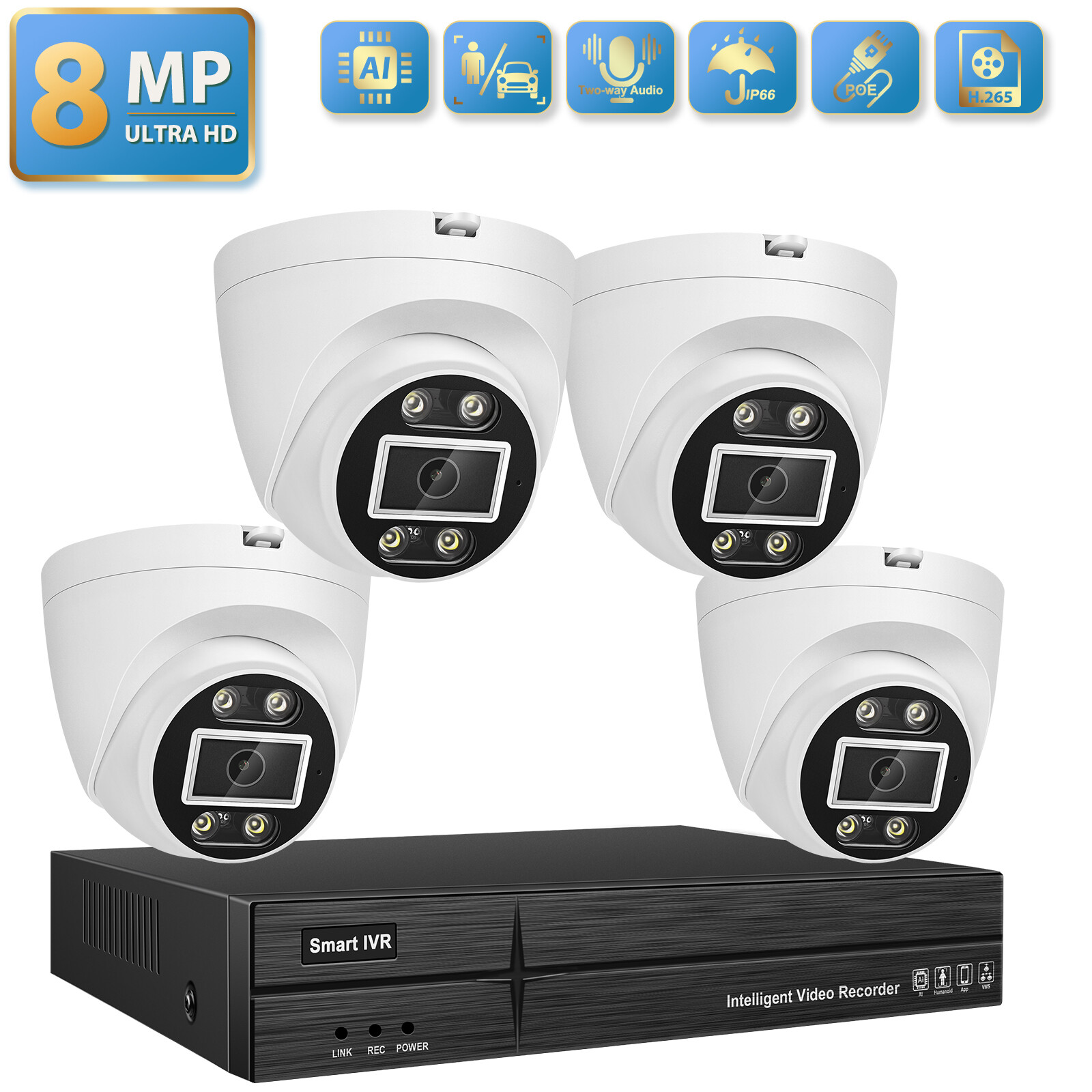 4PCS 8MP Two-Way Audio ColorVu Dome Security Camera 16CH 4K 
