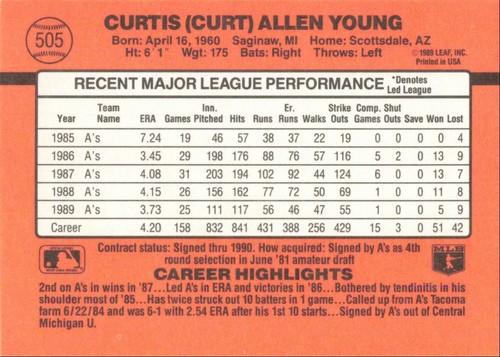 1990 Donruss Baseball Card Curt Young Oakland Athletics #505 - Picture 2 of 2