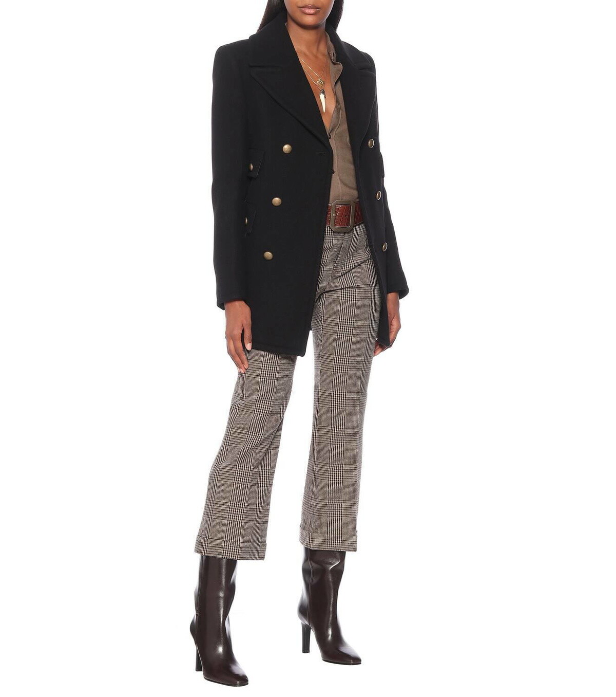 Pantaloni eleganti SAINT LAURENT marroni a quadri in lana con pied de poule 34 2