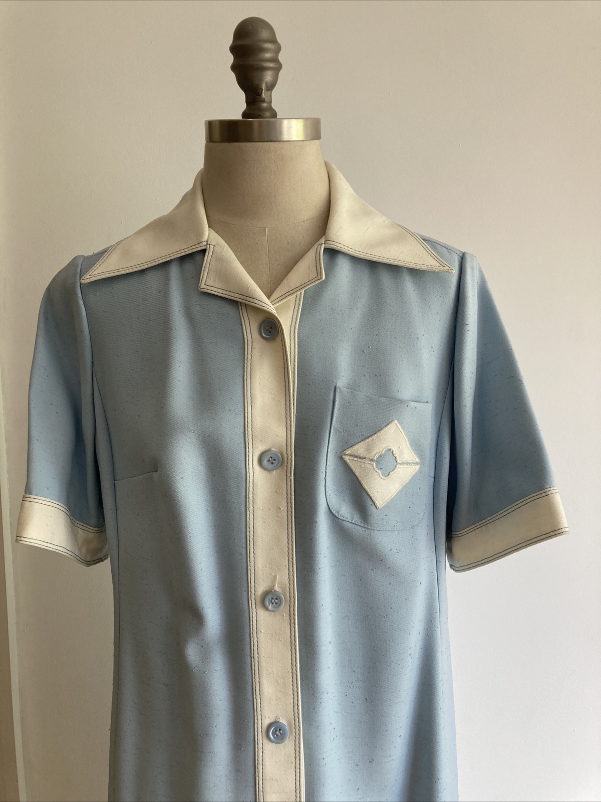1970s Blue/Cream Button Through Coat Dress by Caroline Rohmer, Paris 2