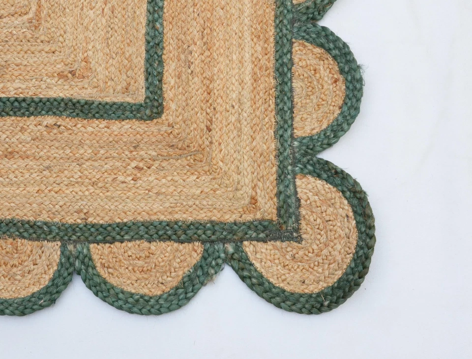Scalloped Jute Rug Natural with Green Trim Boho Jute Area Rug Scallop Runner Rug - Image 2 of 4