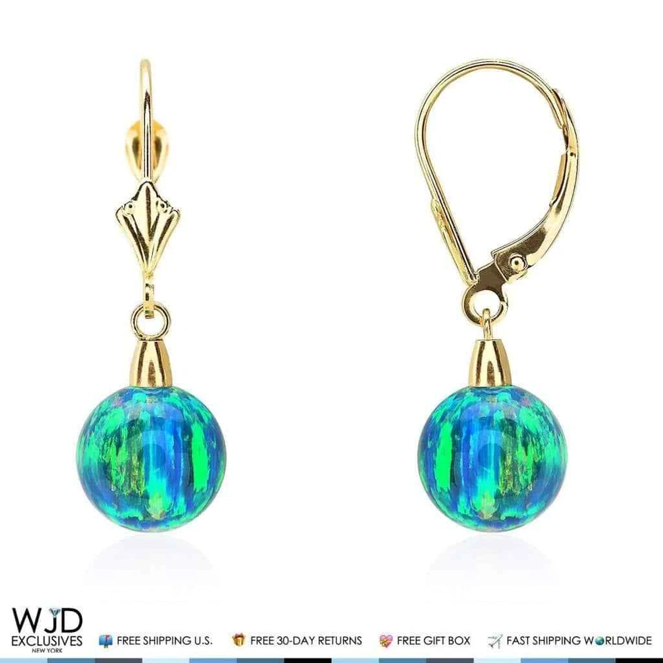 Pendientes colgantes de oro amarillo de 14K de 9 mm en forma de bola azul verde ópalo de fuego con cierre de palanca Foto 2 de 4