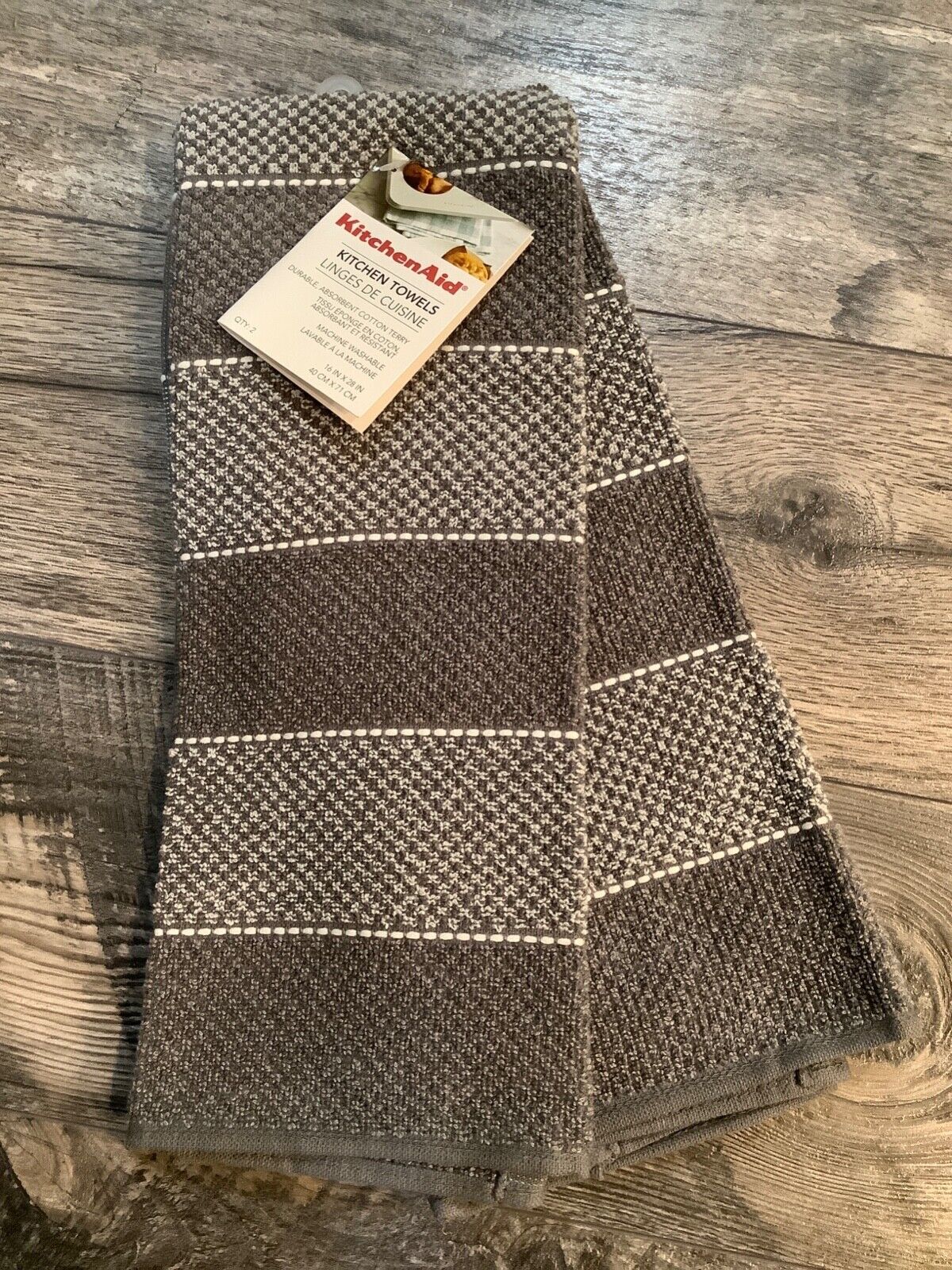 Kitchenaid 2 Kitchen Towels 100% Cotton terry gray grey stripes
