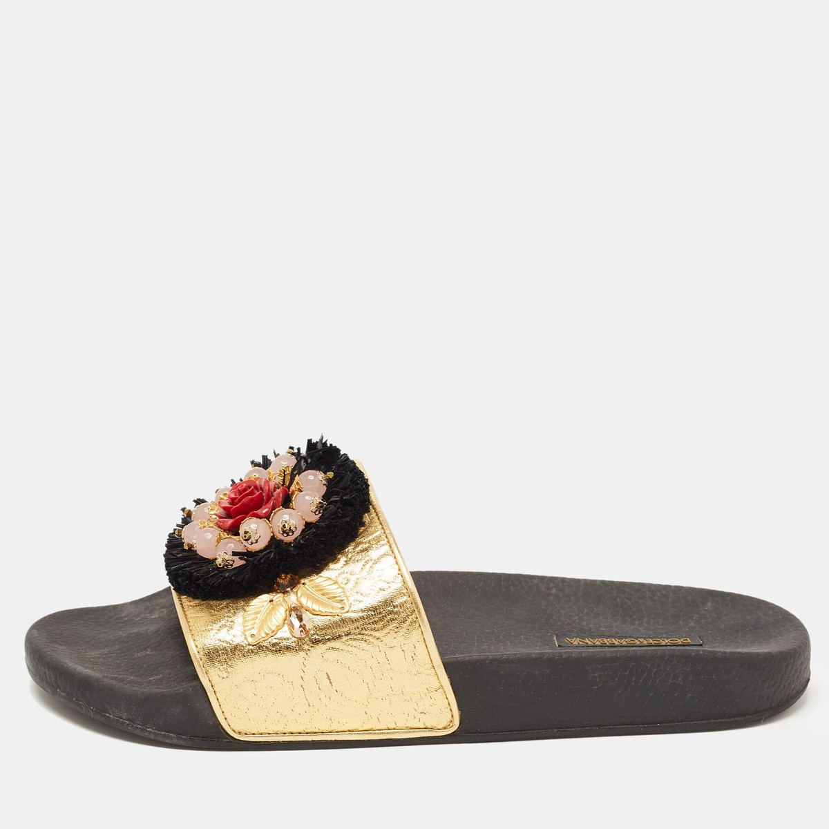 Dolce & Gabbana Gold Jacquard Embellished Slide Sandals Size