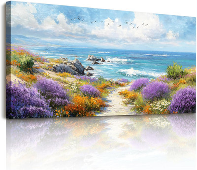 cuadro grande de playa sobre lienzo flores silvestres mar azul rustico 60x120 cm