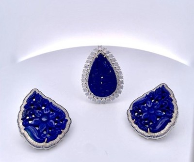 Carved Lapis Moonstone and Diamond Ring 14K