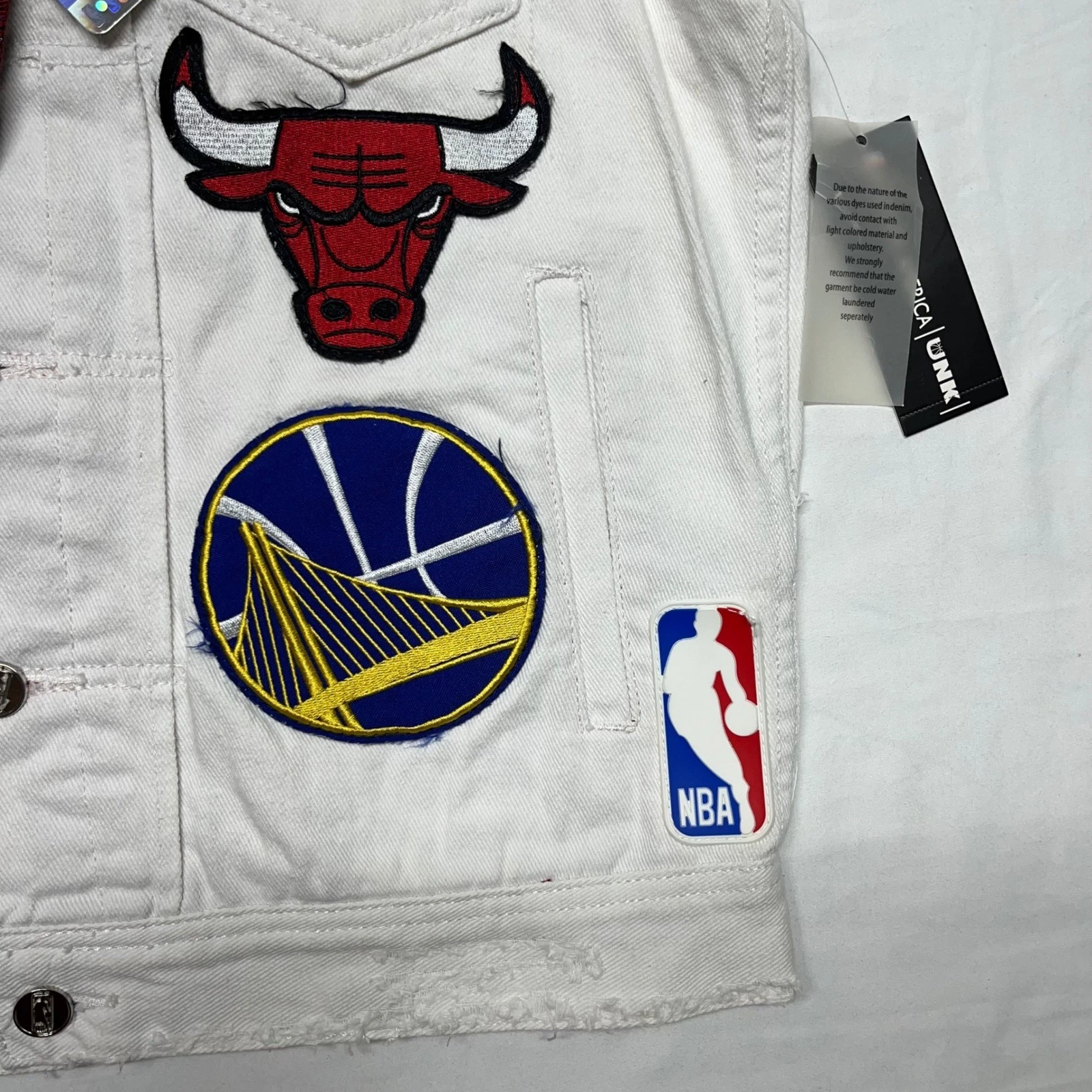 Heritage America UNK NBA Denim Vest Mens M White Distressed All Over Patches NWT - product detail image 5