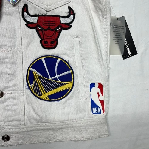 Heritage America UNK NBA Denim Vest Mens M White Distressed All Over Patches NWT image 5