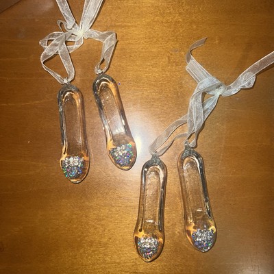 Art Blown Glass BALLET SLIPPER Rhinestones & Glitter Toe 3.25'' (set Of 2)