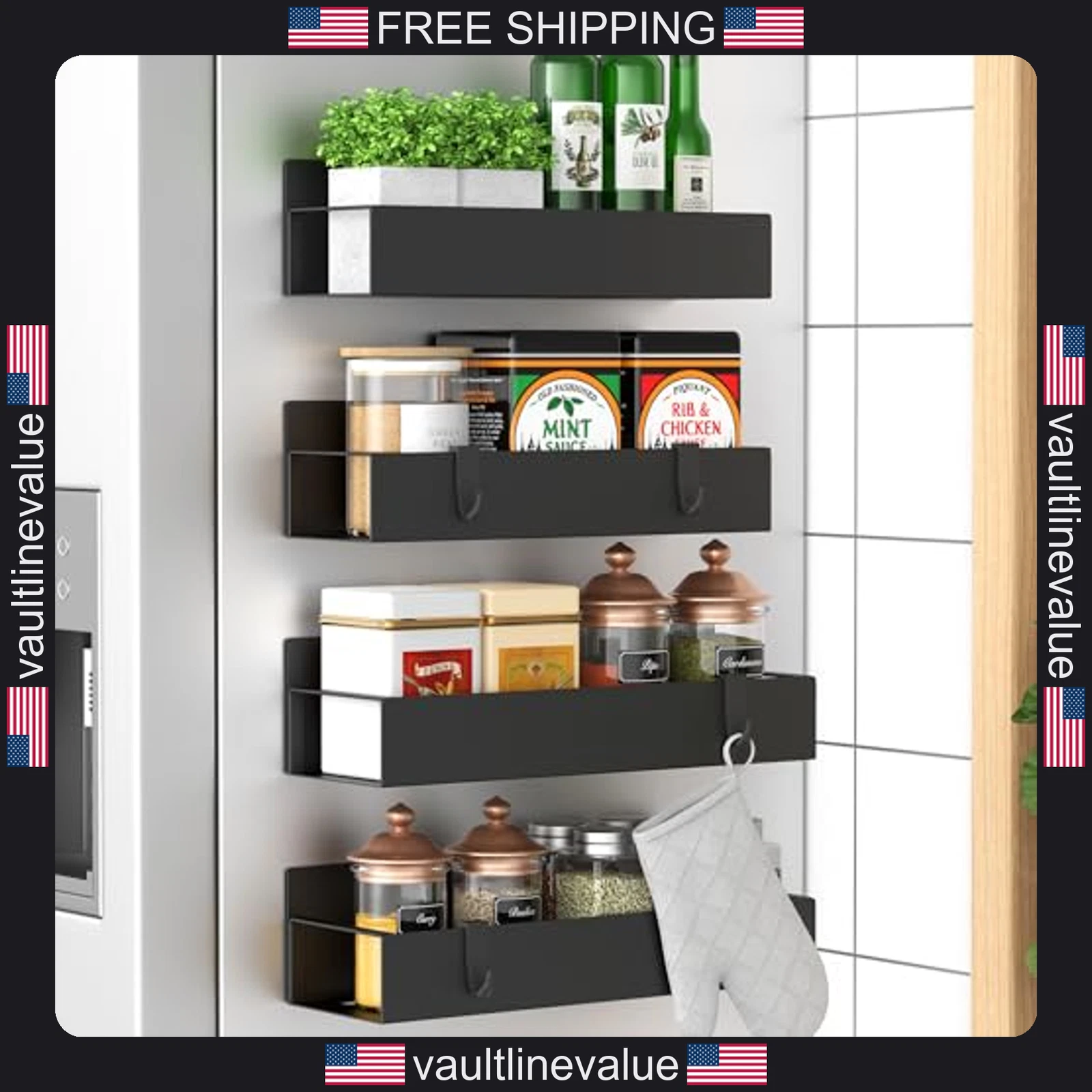 HuggieGems Metal 4 Pack Magnetic Spice Storage Rack Organizer for Refrigerator