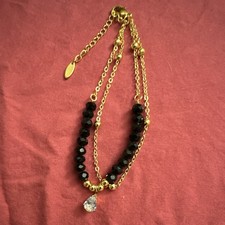 Gold Tone Chain Charm Bracelet Black Bead Acc...