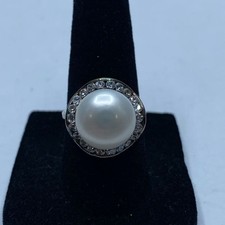 Sterling Silver Pearl  Cz Size 5 3/4 Ring 5.2g