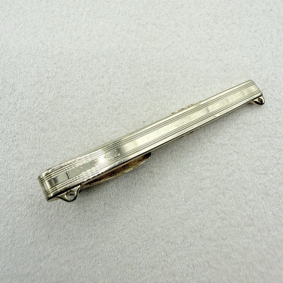Vintage Mens Ribbed Tie Bar Clip 10k Gold Plated Mid Century Accessory
