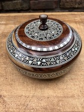 Vintage Mother Of Pearl Mosaic Trinket Round Egyptian Chest Jewelry Box