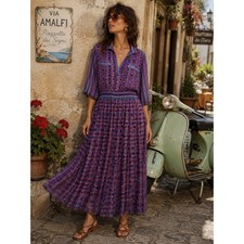 Diane Freis Pleated Romantic Maxi Flowy Boho Mixed Pattern Dress O/S 1980s VTG
