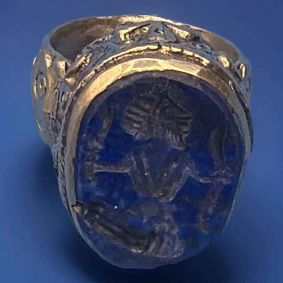 Antique Afghan/Turkmen lapis lazuli intaglio Gold Gilt Ring Sz 8.5 - Image 3 of 4
