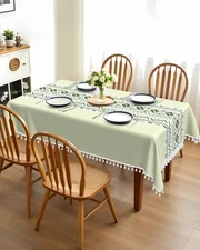 Bohemian Green Linen Tablecloth Rectangle - Boho Cherecked Table Cloth with T...