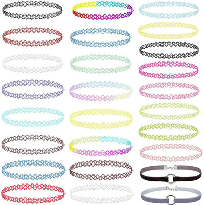 26-teiliges Elastisches Tattoo Choker Halsketten Set Bunt Damen Modeschmuck