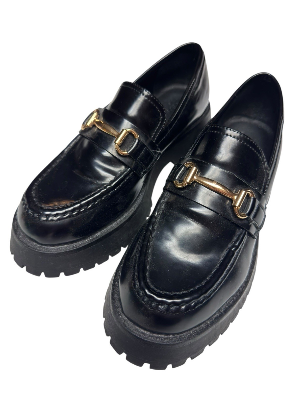 ASOS Design Black Chunky Lug Sole Loafers 6 Gold Horsebit Platform Shoes Women