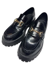 ASOS Design Black Chunky Lug Sole Loafers 6 Gold Horsebit Platform Shoes Women