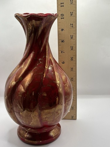Grande vaso vintage a costine firmato numerato datato arti e mestieri ceramica oro rosso - Foto 6 di 8