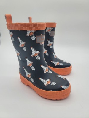 Hatley Space Shuttle Rain Boots Kids Size 8 Navy Orange Waterproof Rubber