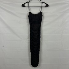 Nookie Dress XS Mecca Midi Black Sheer Ruched Bodycon Sexy Date Cocktail Party