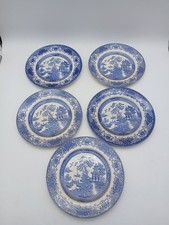 Old Willow Blue and White Ironstone Dinner Plates Set of 5 Hand Engraved