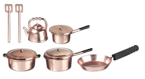 Dolls House Copper Saucepan Set, Utensils & Kettle Kitchen Cookware Accessory
