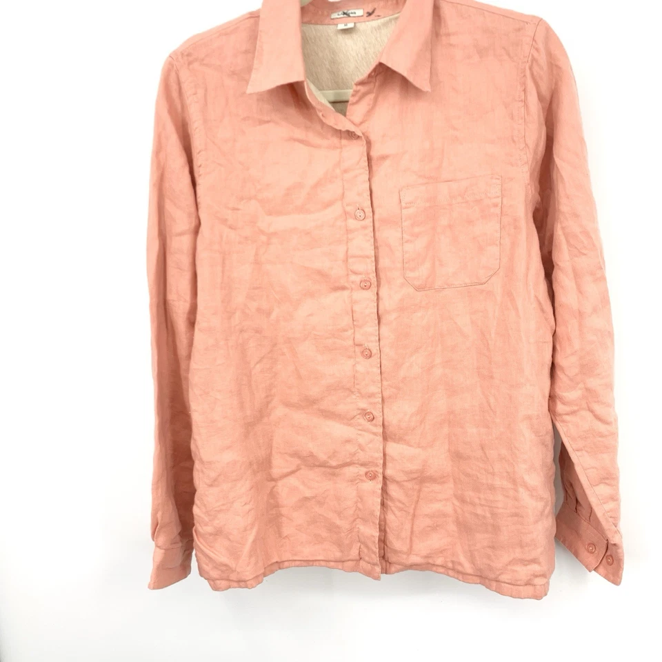 Camisa feminina LL Bean tamanho médio coral rosa botão para baixo forro superior linho - Imagem 3 de 4
