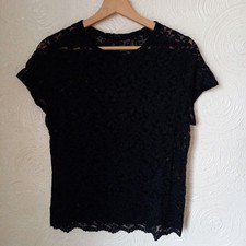 Women's Black Stretch Lace Tshirt Top M Medium Scallop Edge
