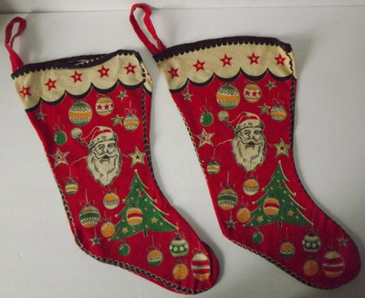 Vtg Merry  Christmas  Santa Tree Ornaments Bells Flannel Stocking Set Lot Of 2