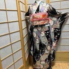 7533 Japanese Vintage Furisode Kimono Obi Obijime Obiage 4-Piece Set Silk Robe