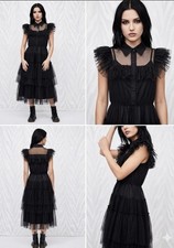 Gothic Black Tulle Tiered Midi Sheer Mesh Yoke Dark Romantic Dress S