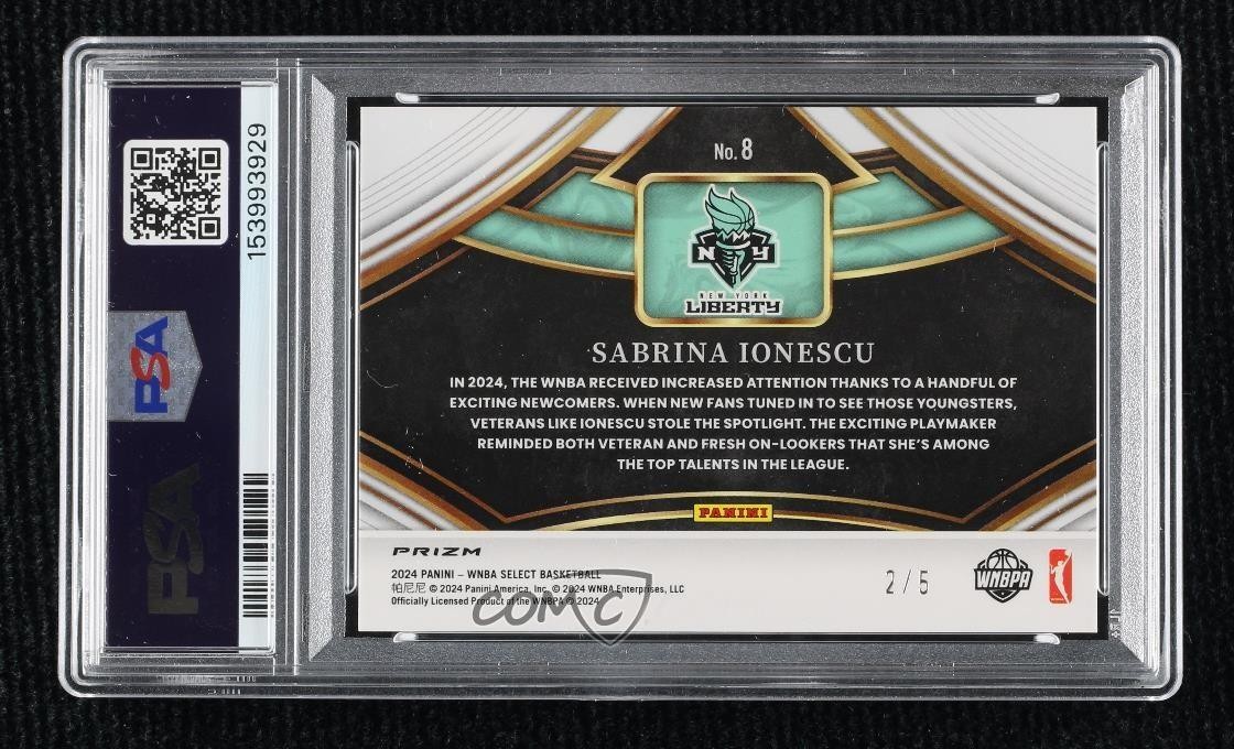 2024 Select WNBA Snapshots Black Gold Prizm 2/5 Sabrina Ionescu #8 PSA 10 GEM MT view 2