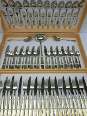 75pc Egidio Elio Mori EME 18/10 Gold Accent Stainless Flatware Set   *no box*