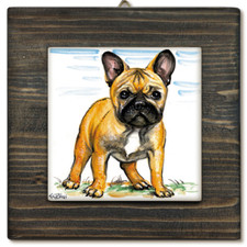 BULLDOG FRANCESE BIANCO MARRONE -QUADRO CON MATTONELLA LASTRA IN CERAMICA FATTA 