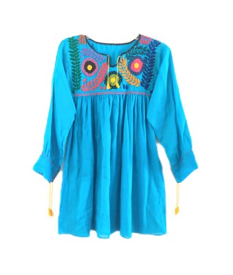 Authentic Mexican Rococo Floral  Embroidery Women's Blouse Blue Tunic One Size 
