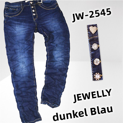 JEWELLY Damen Jeans Hose Denim stretch Knöpfe Blau Waschung 34 36 38 40 42 NEU